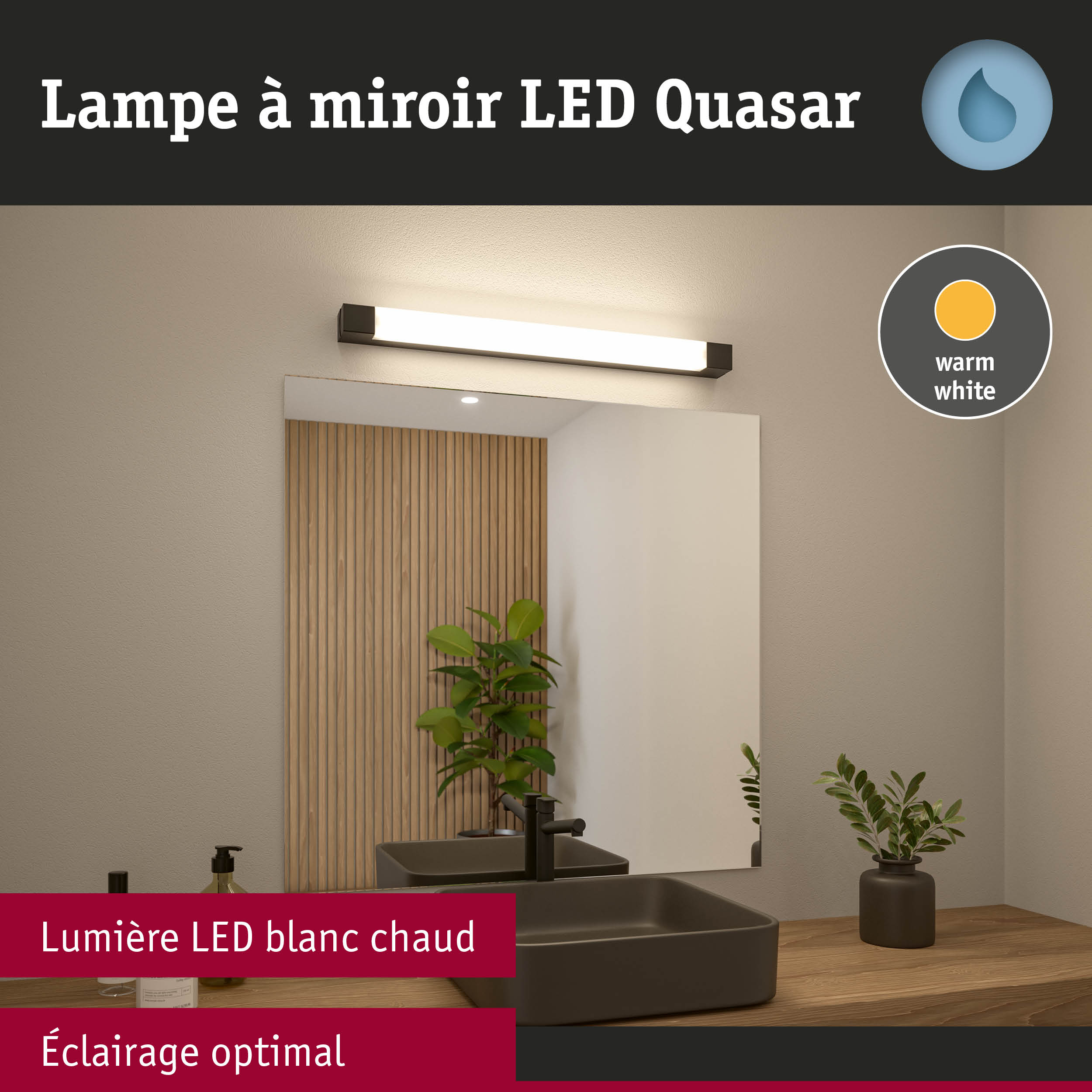 Lampe LED miroir Quasar blanc chaud avec cadre noir au-dessus du lavabo pour un éclairage optimal