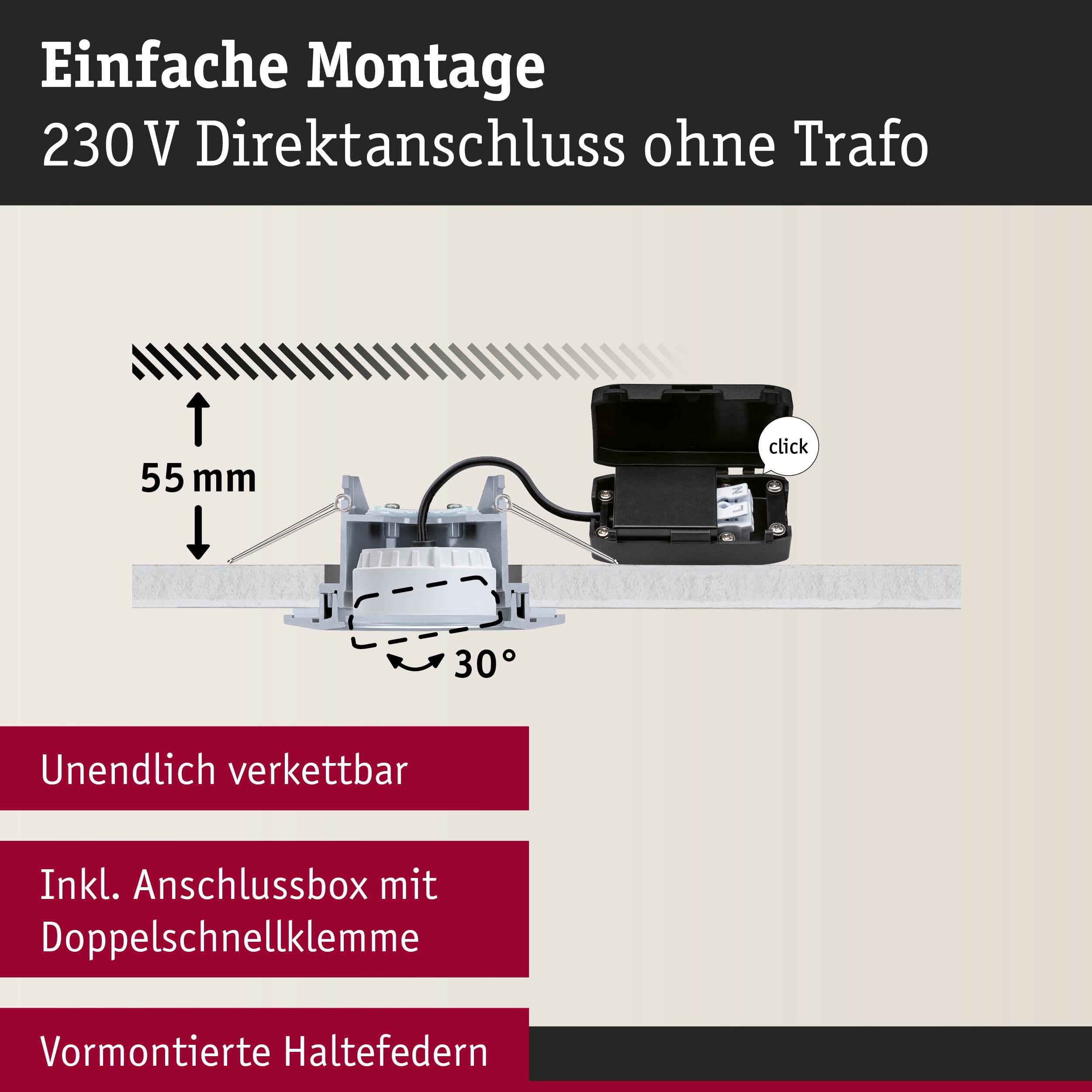 Montageanleitung für 230V Einbaustrahler mit Anschlussbox und Doppelschnellklemme, 55 mm Einbautiefe