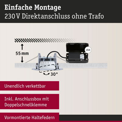 Montageanleitung für 230V Einbaustrahler mit Anschlussbox und Doppelschnellklemme, 55 mm Einbautiefe