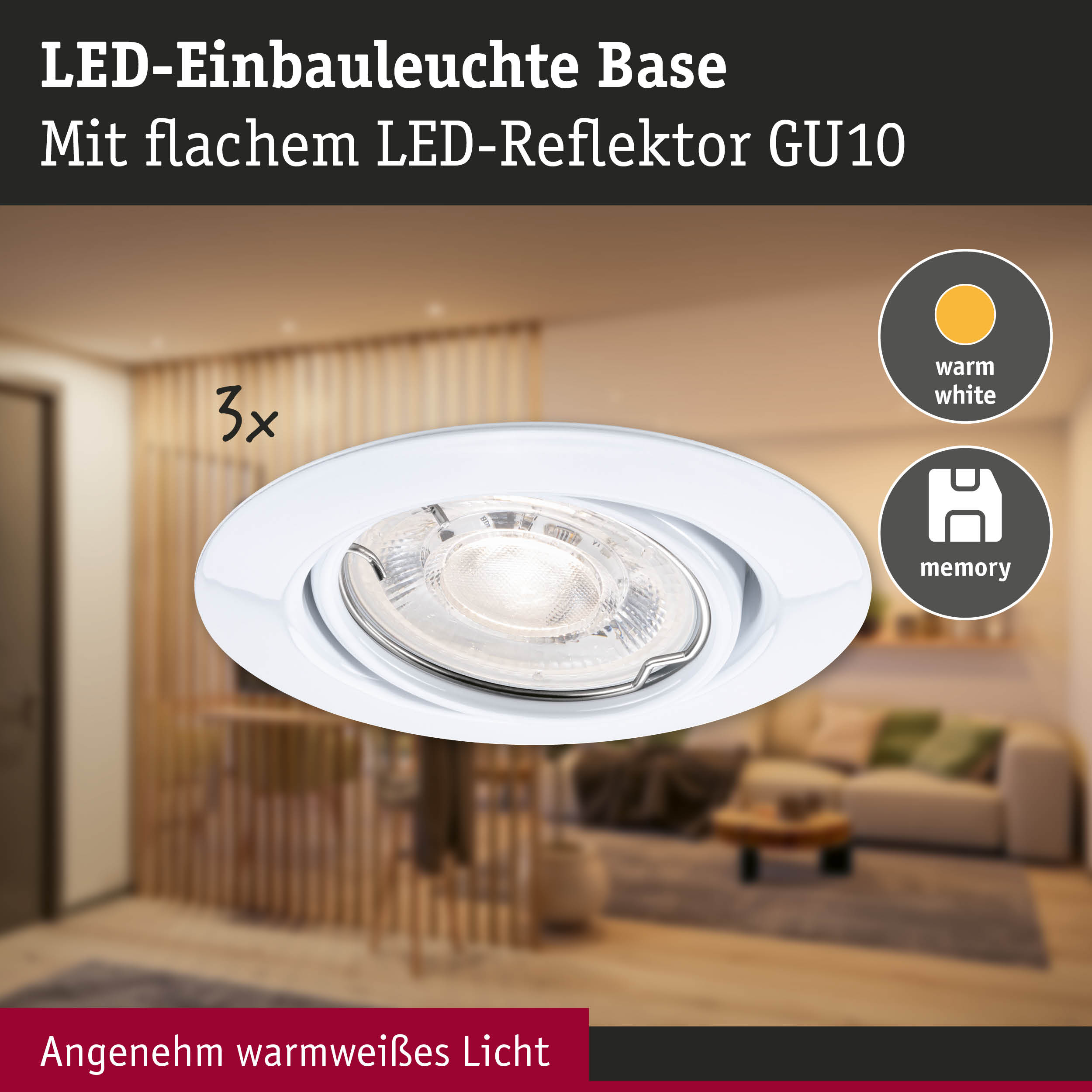 Weiße LED-Einbauleuchte Base mit flachem GU10 LED-Reflektor und warmweißem Licht für Wohnräume