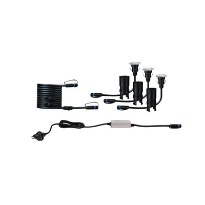 Black LED garden light set with cables and plugs for outdoor and garden lighting solutions