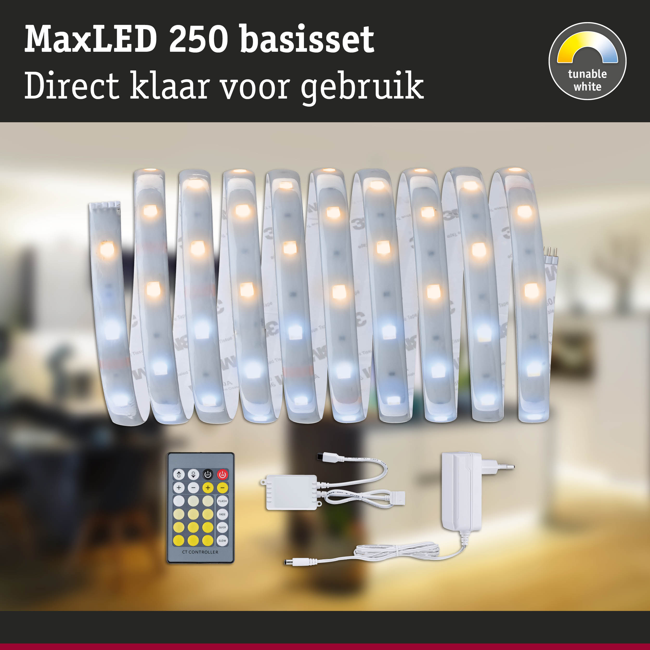 MaxLED 250 basisset met instelbaar wit licht, afstandsbediening en adapter voor LED-strip