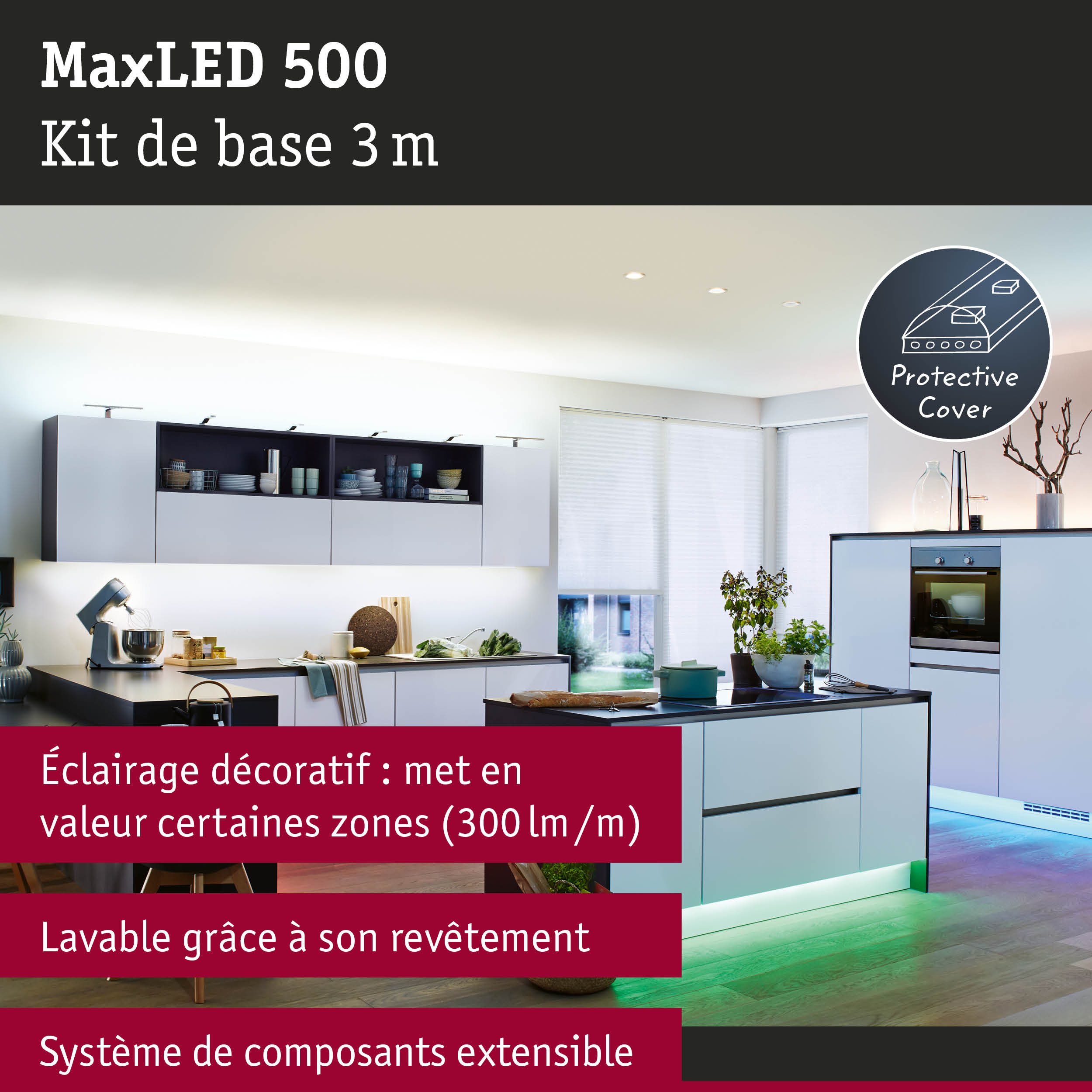 Kit d'éclairage MaxLED 500 3 m avec protection dans une cuisine moderne avec éclairage LED d'ambiance