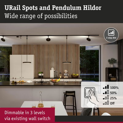 Modern kitchen with dimmable black URail Spots and Pendulum Hildor LED lighting, adjustable via wall switch