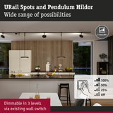 Black URail Spots and Pendulum Hildor ceiling lights with dimmable LED in modern kitchen interior