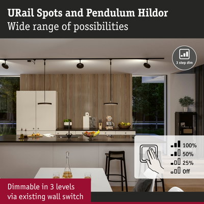 Black URail Spots and Pendulum Hildor ceiling lights with dimmable LED in modern kitchen interior
