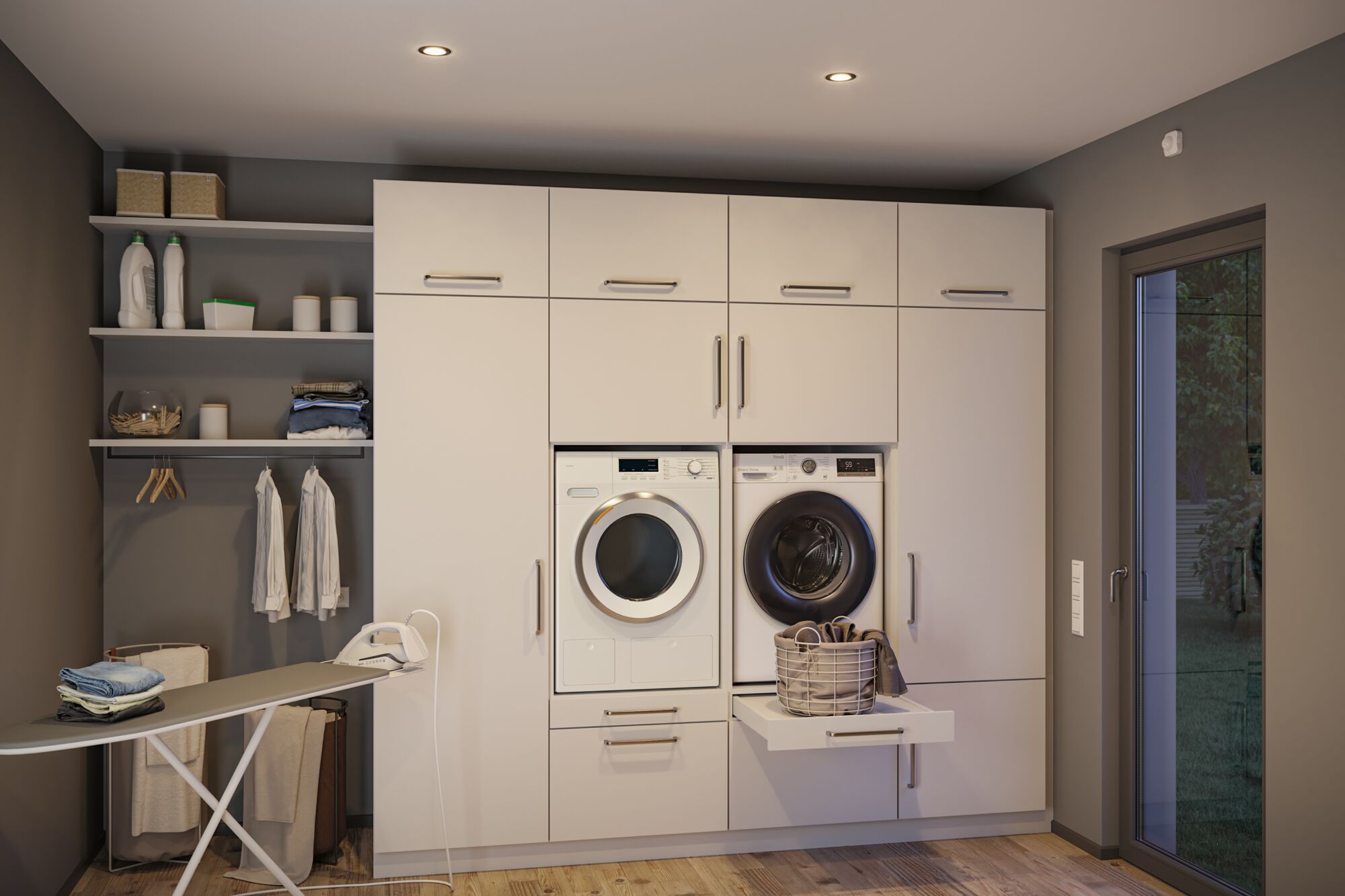 Buanderie moderne blanche encastrée avec machine à laver, sèche-linge et planche à repasser intégrée dans un espace en bois clair.