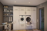 Modern white built-in laundry room with washing machine, dryer, and integrated ironing board in light wood space.