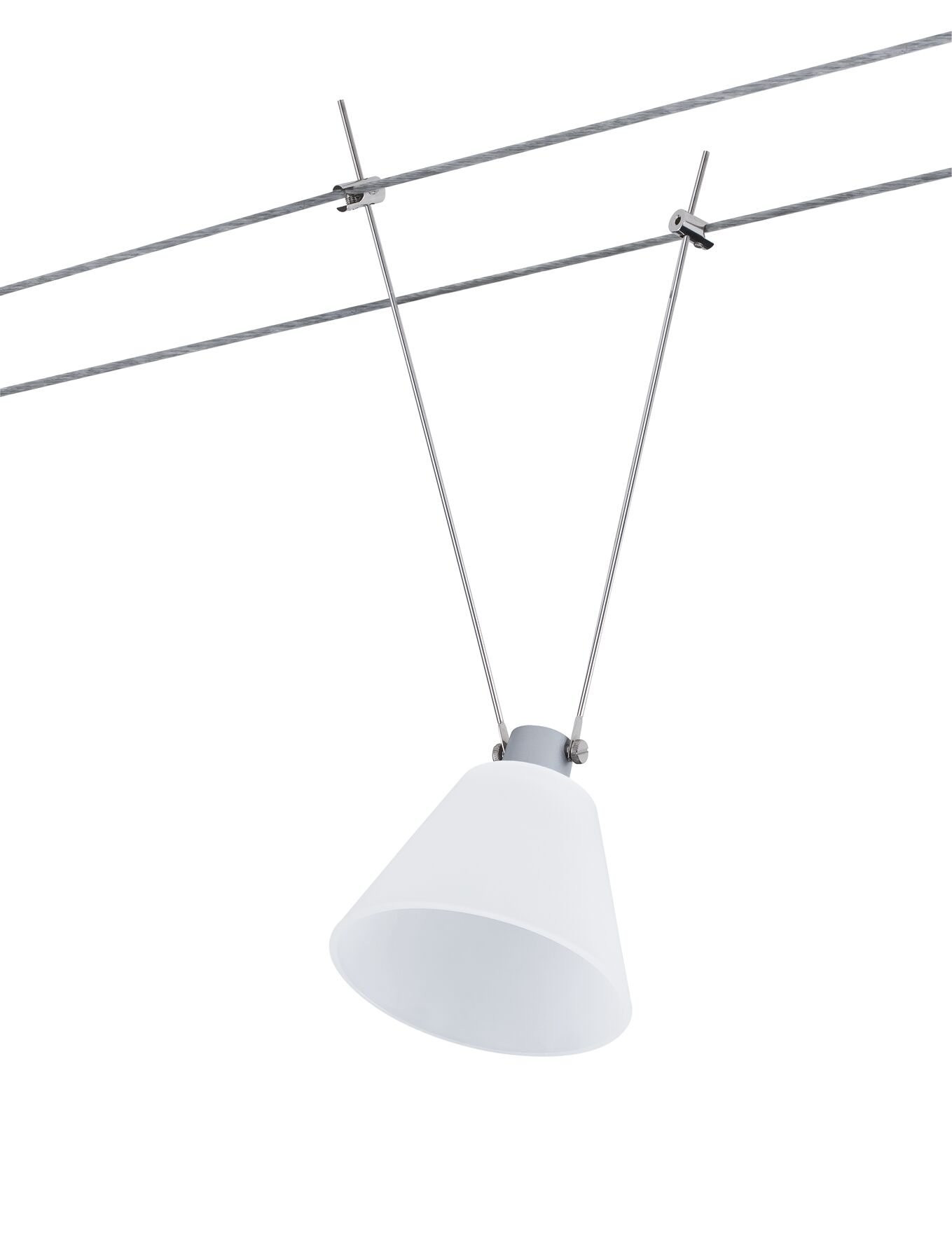 White glass lampshade on steel cable suspension system for modern lighting solutions