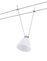White glass lampshade on steel cable suspension system for modern lighting solutions