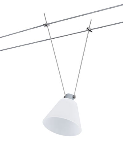 White glass lampshade on steel cable suspension system for modern lighting solutions