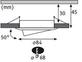 Technical drawing of round LED recessed spotlight with 84 mm diameter and 50-degree tilt