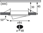 Technical drawing of round LED recessed spotlight with 84 mm diameter and 50-degree tilt