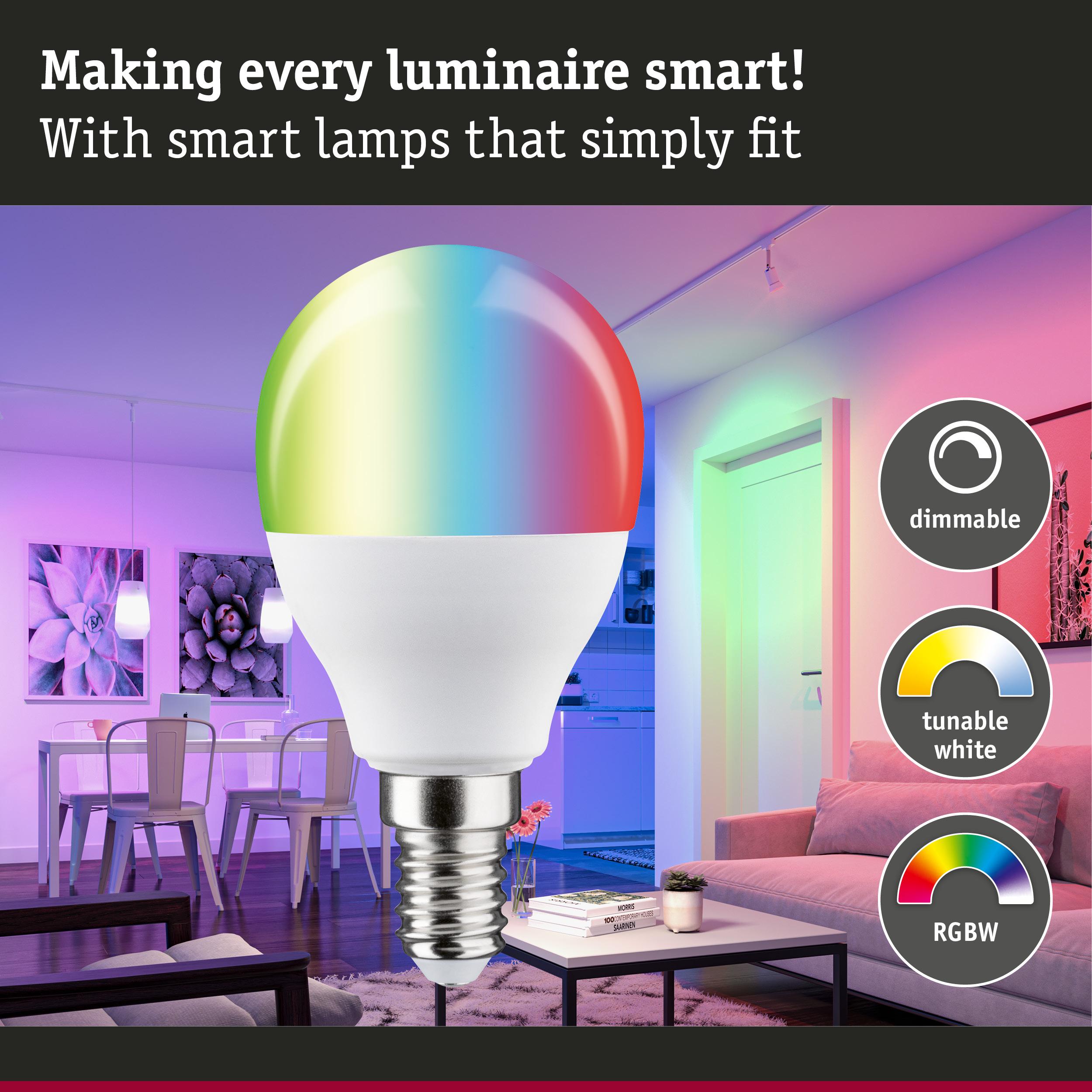 Colourful smart LED bulb with E14 base, dimmable and tunable white light for home lighting