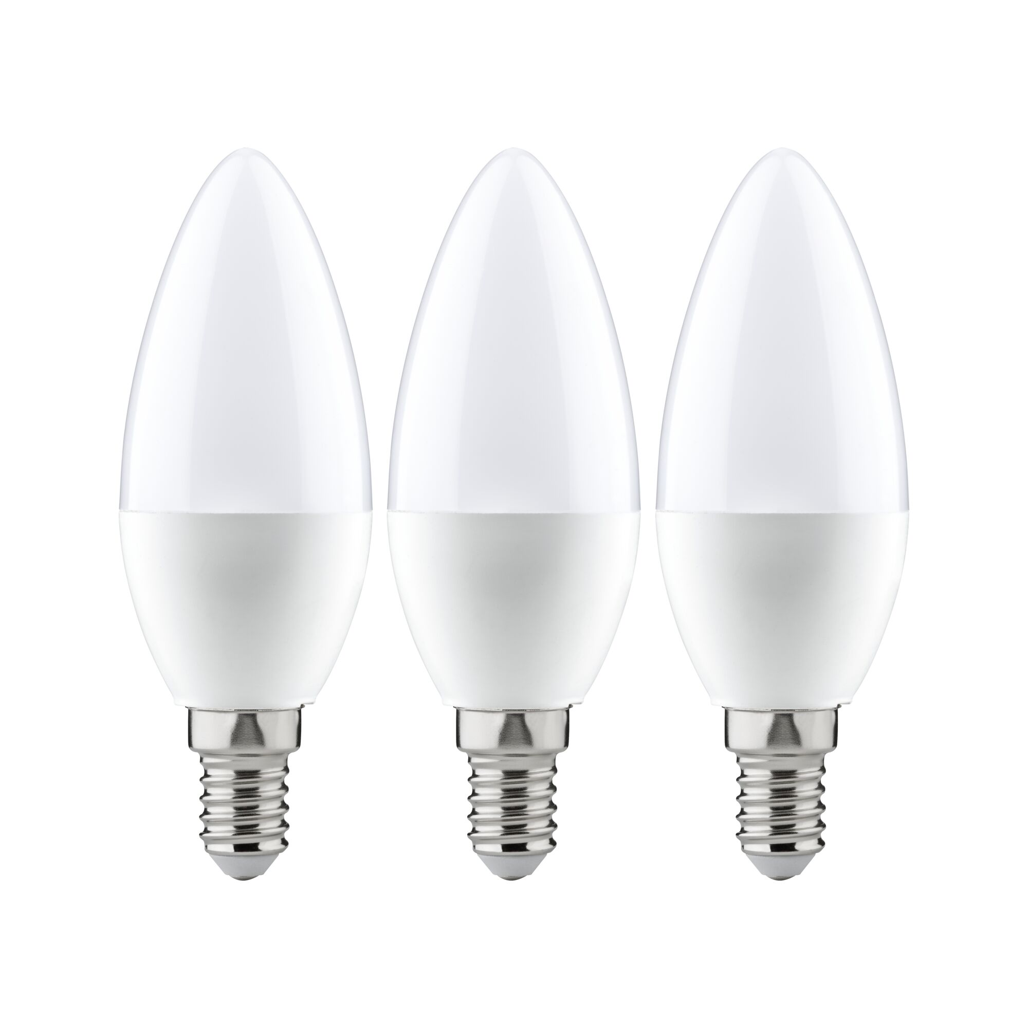 Three white LED candle bulbs with E14 base made of plastic and metal for energy-saving lighting