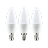 Three white LED candle bulbs with E14 base made of plastic and metal for energy-saving lighting