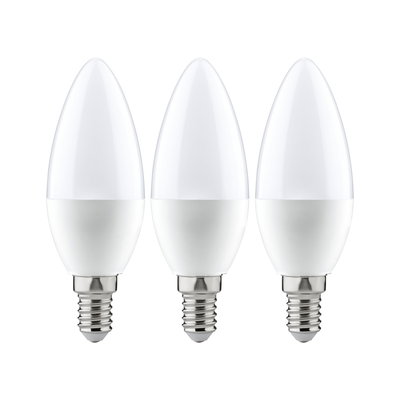 Three white LED candle bulbs with E14 base made of plastic and metal for energy-saving lighting