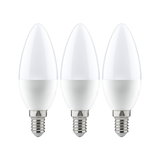 Trois ampoules LED blanches en forme de bougie avec culot E14 en plastique et métal pour éclairage économique
