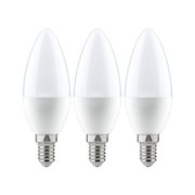 Three white LED candle bulbs with E14 base made of plastic and metal for energy-saving lighting