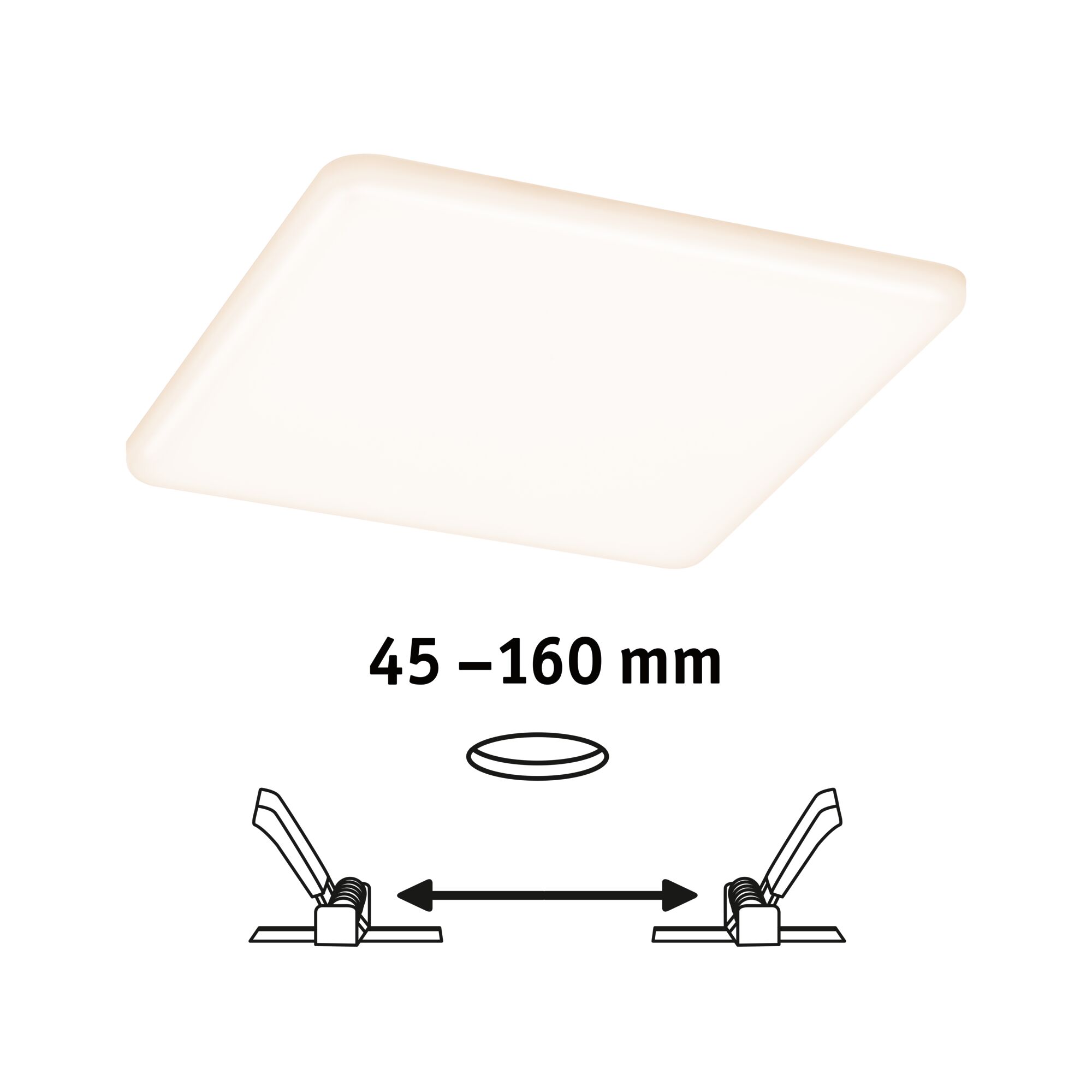 Quadratische weiße LED-Deckenleuchte mit einstellbarer Einbautiefe 45-160 mm für Wohnräume