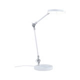 White LED desk lamp with round light head and adjustable metal and plastic arm for office use