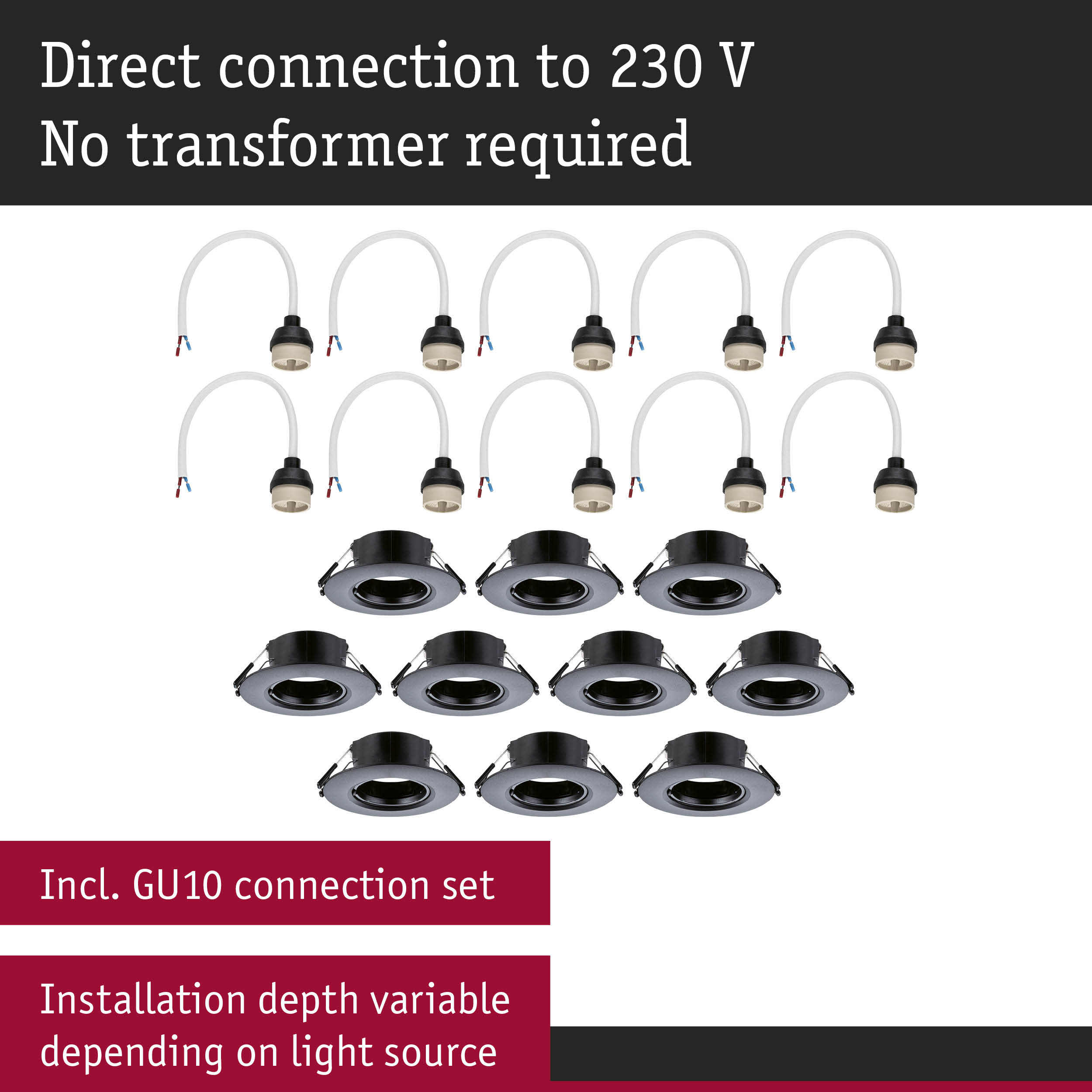 Black recessed spotlights with GU10 connection cables and direct 230V connection without transformer