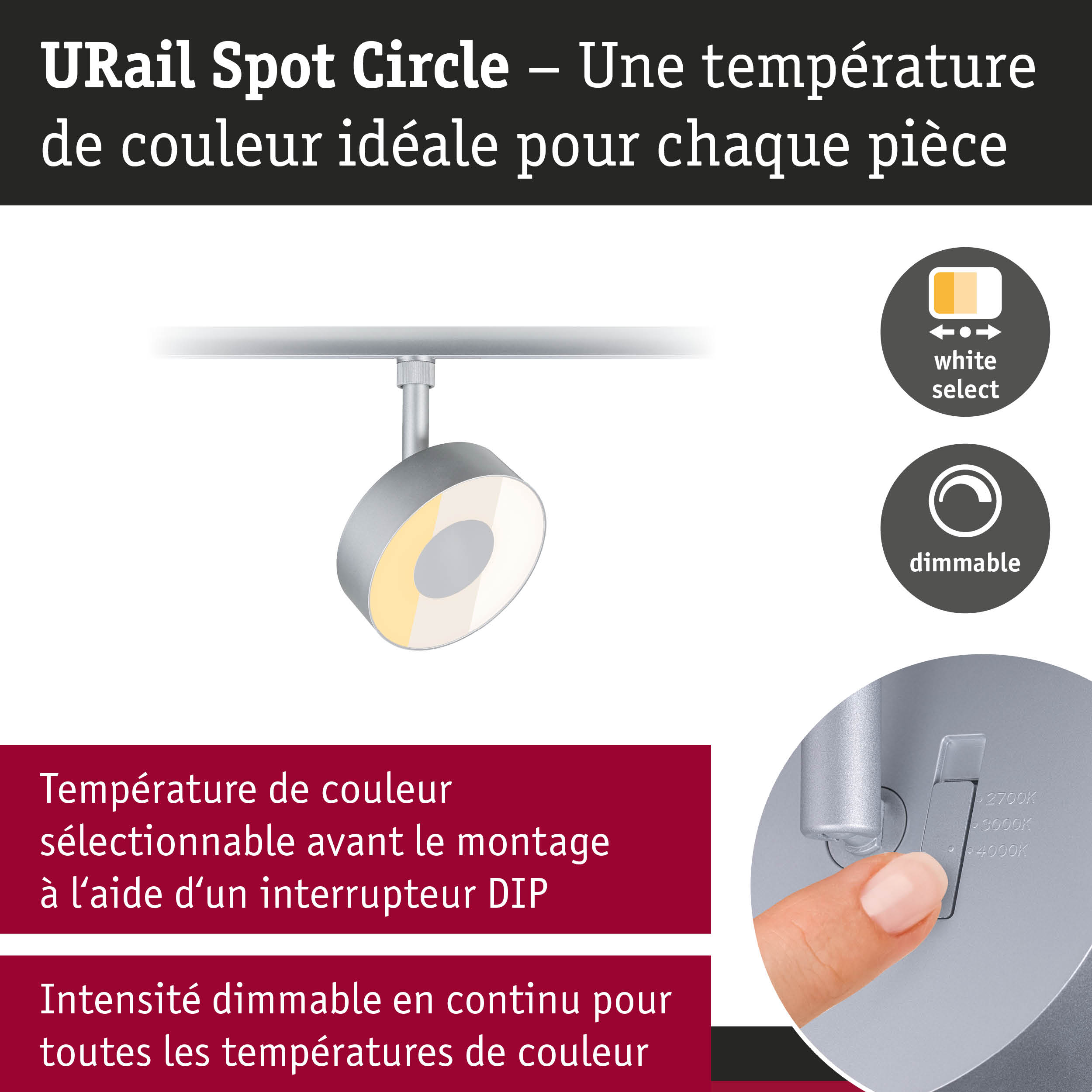 Spot URail Circle gris avec température de couleur réglable et fonction dimmable LED