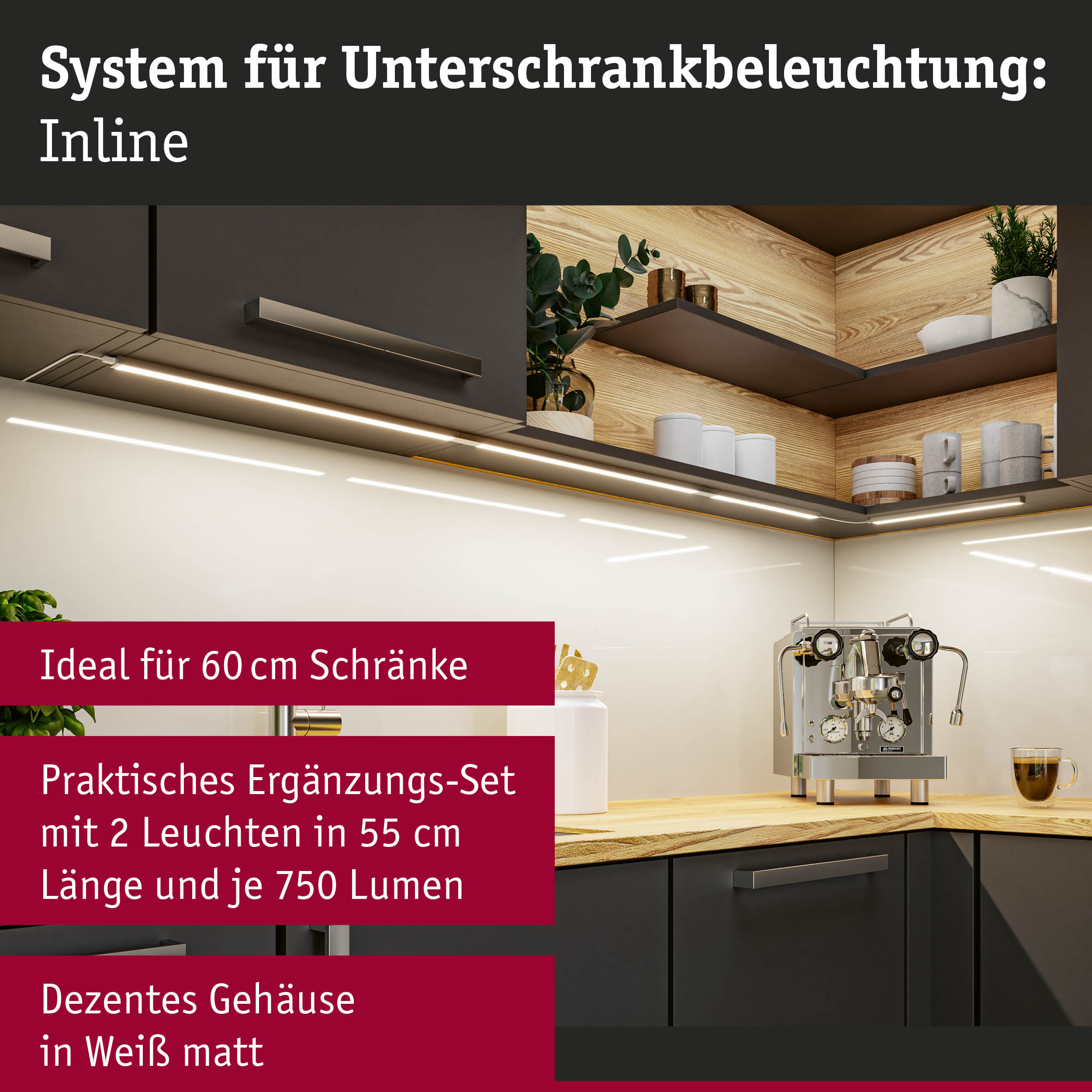LED-Unterbauleuchte in Weiß matt unter Küchenhängeschränken mit Holzregal und Kaffeemaschine