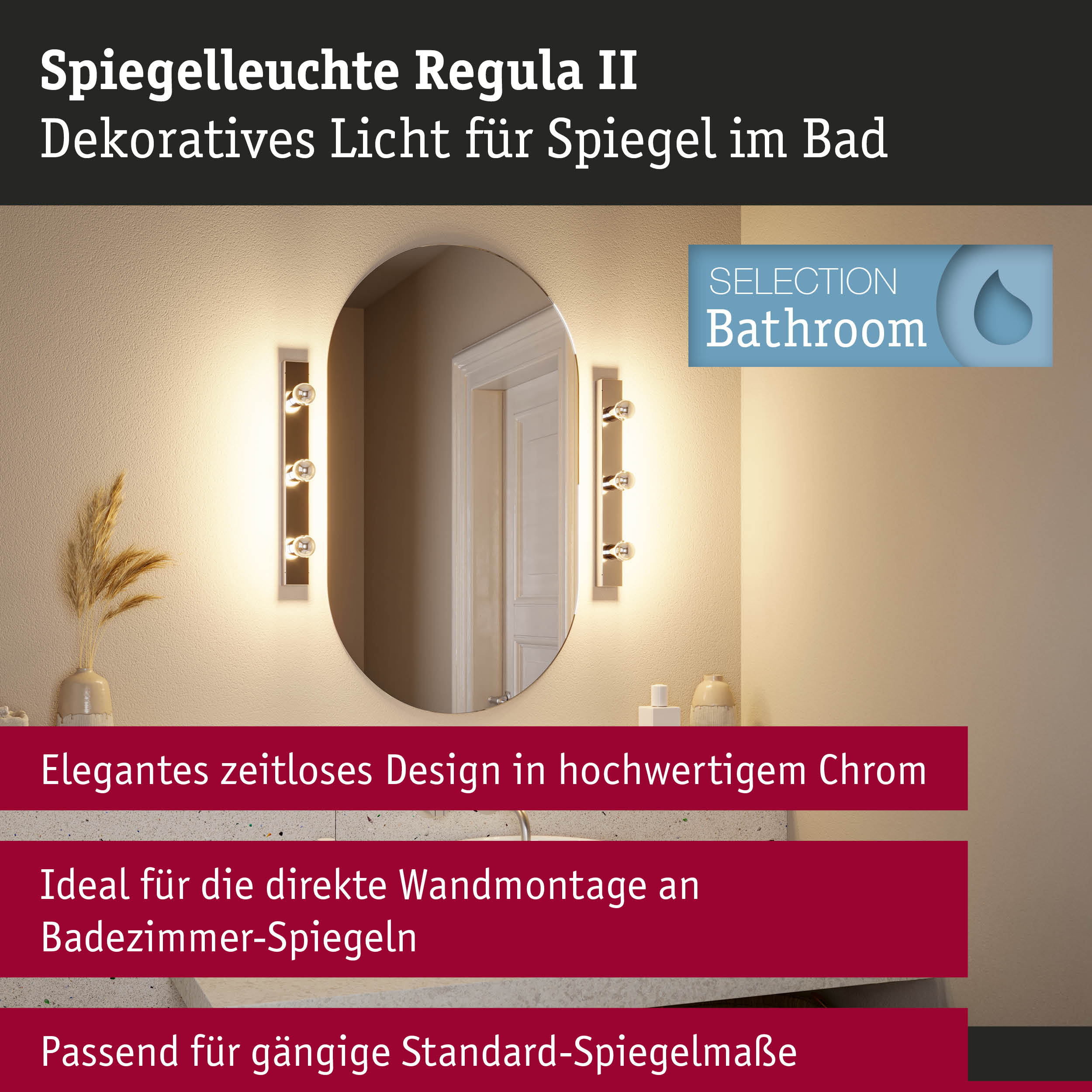 Set Spiegelleuchte Regula II inkl. Leuchtmittel 3-flammig IP44 E14 2700K 3x440lm 230V 3x4,8W dimmbar Chrom/Kopfspiegel Silber