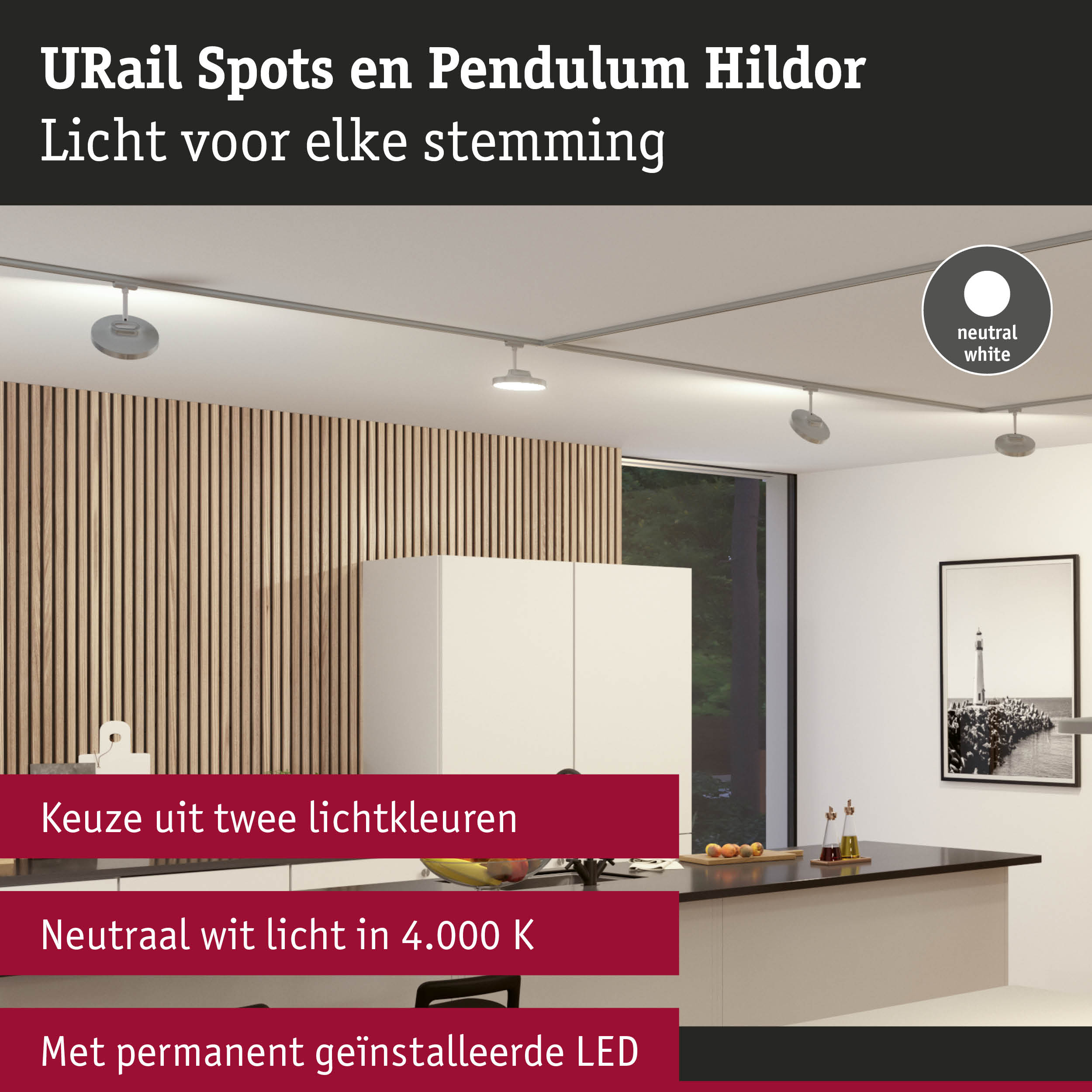 Moderne witte LED-plafondspots in keuken met houten panelen en neutraal wit licht 4000K