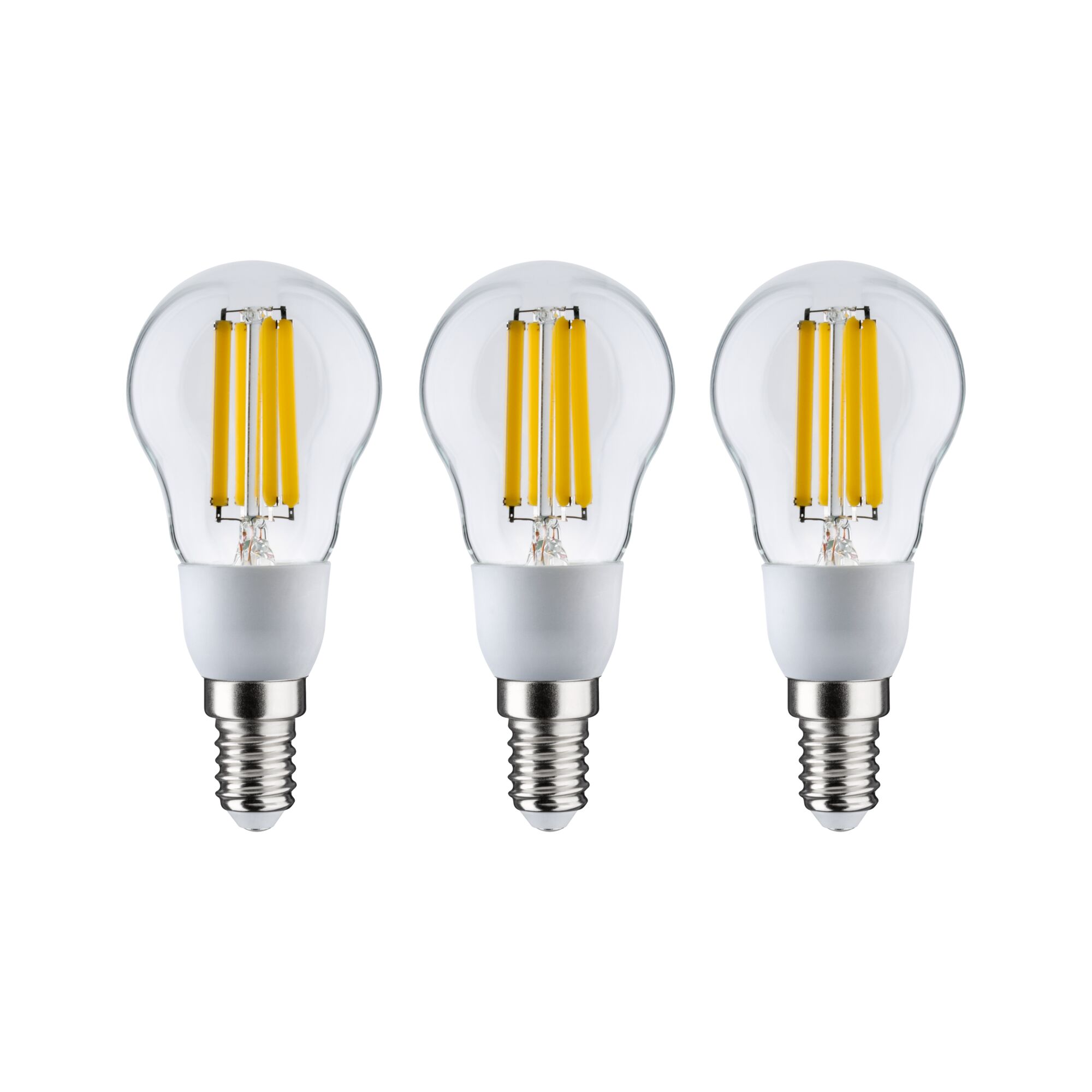 Three LED filament bulbs with E14 base and clear glass for energy-efficient lighting solutions