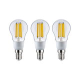 Three LED filament bulbs with E14 base and clear glass for energy-efficient lighting solutions