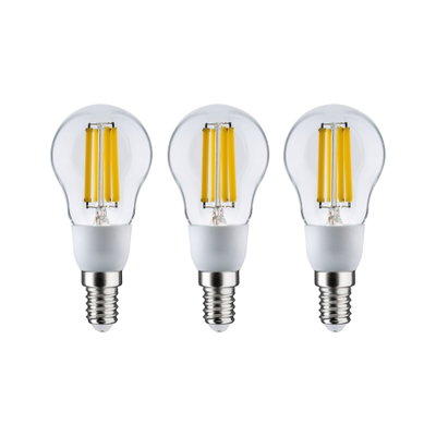 Three LED filament bulbs with E14 base and clear glass for energy-efficient lighting solutions