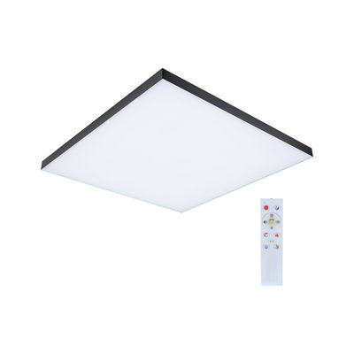 Square LED ceiling light with black frame and remote control for adjustable brightness.