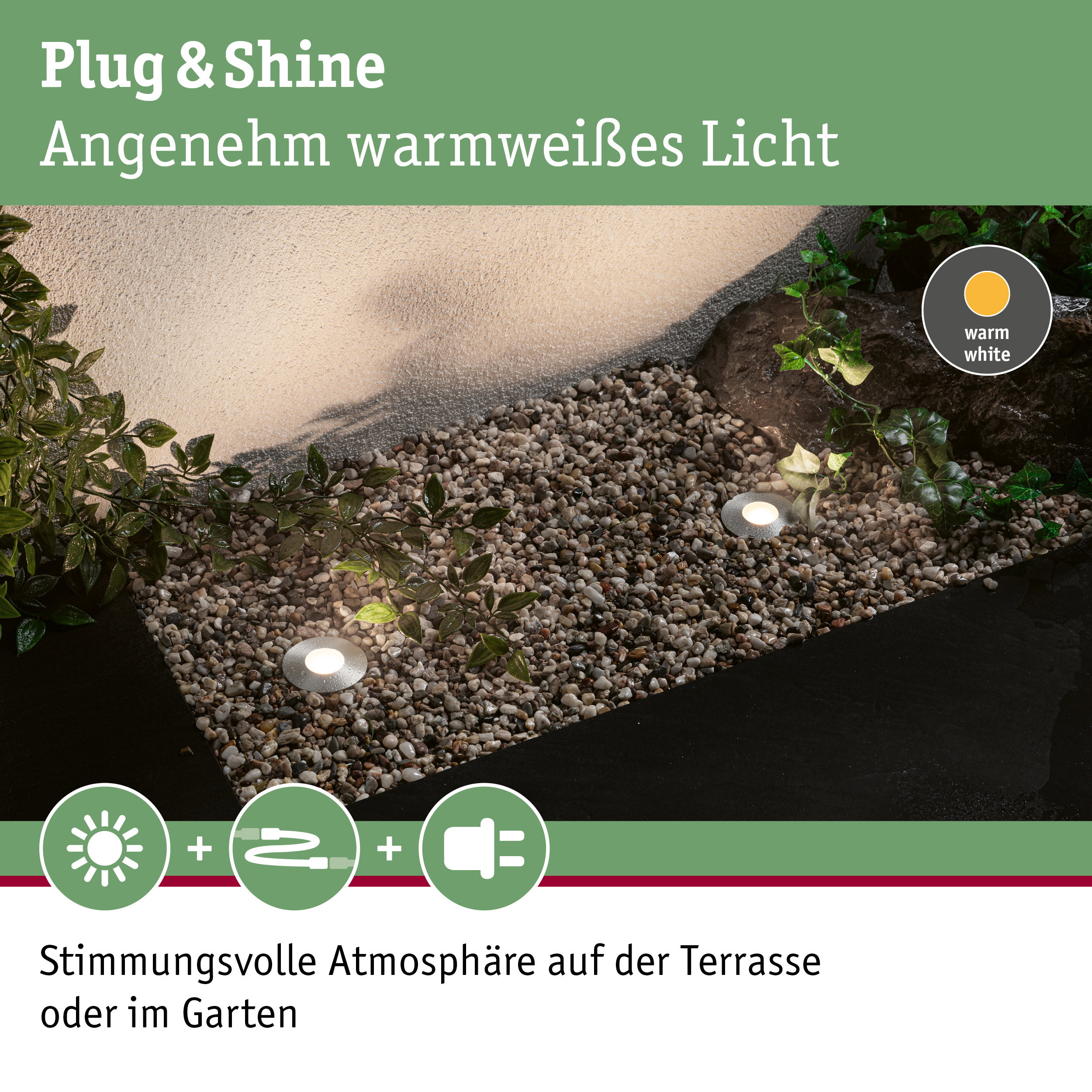 Außenbeleuchtung mit warmweißem Licht auf Kies und Pflanzen für Terrasse und Garten