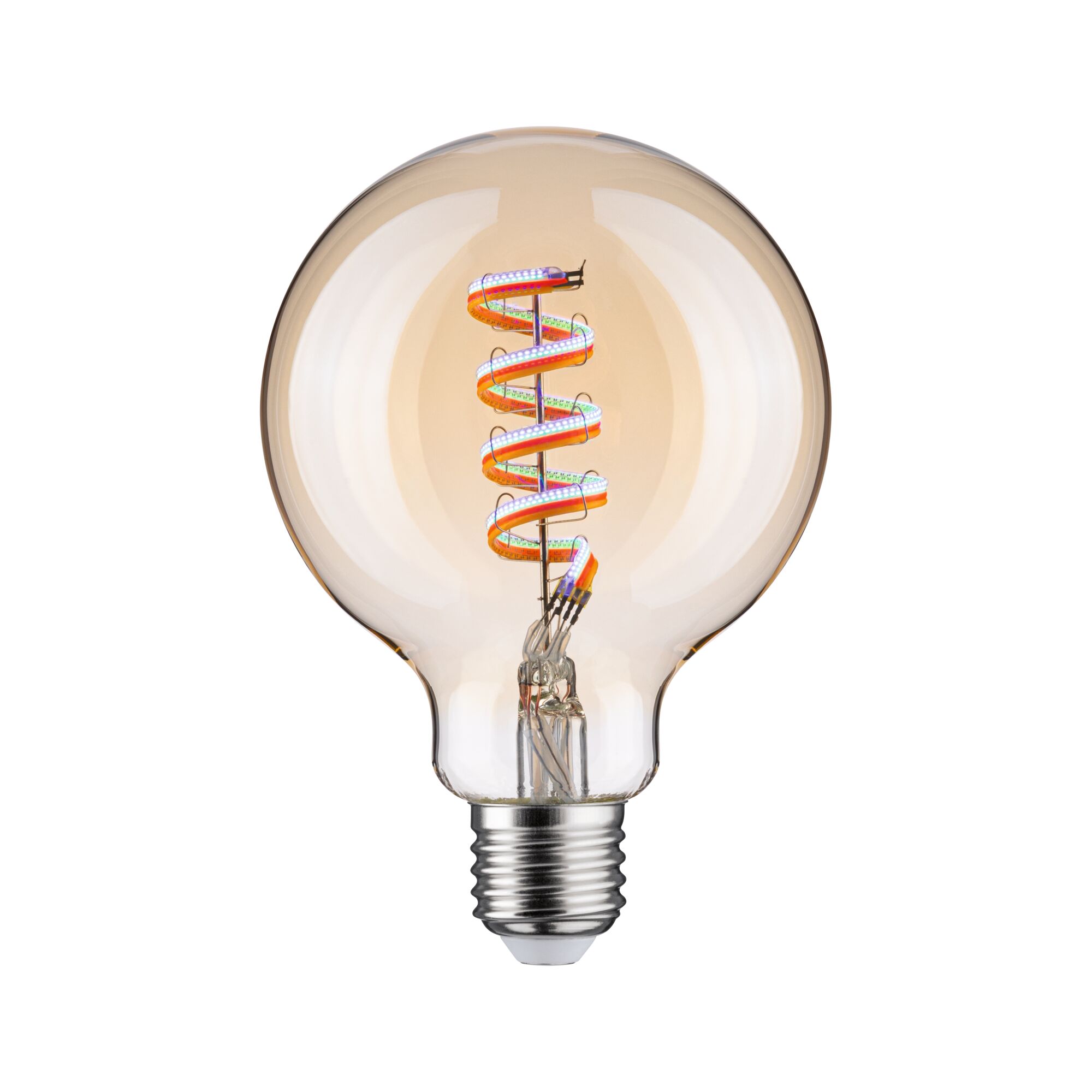 Glühbirne mit spiralförmigem LED-Filament in warmem Bernsteinfarbton für dekorative Beleuchtung