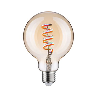 Glühbirne mit spiralförmigem LED-Filament in warmem Bernsteinfarbton für dekorative Beleuchtung