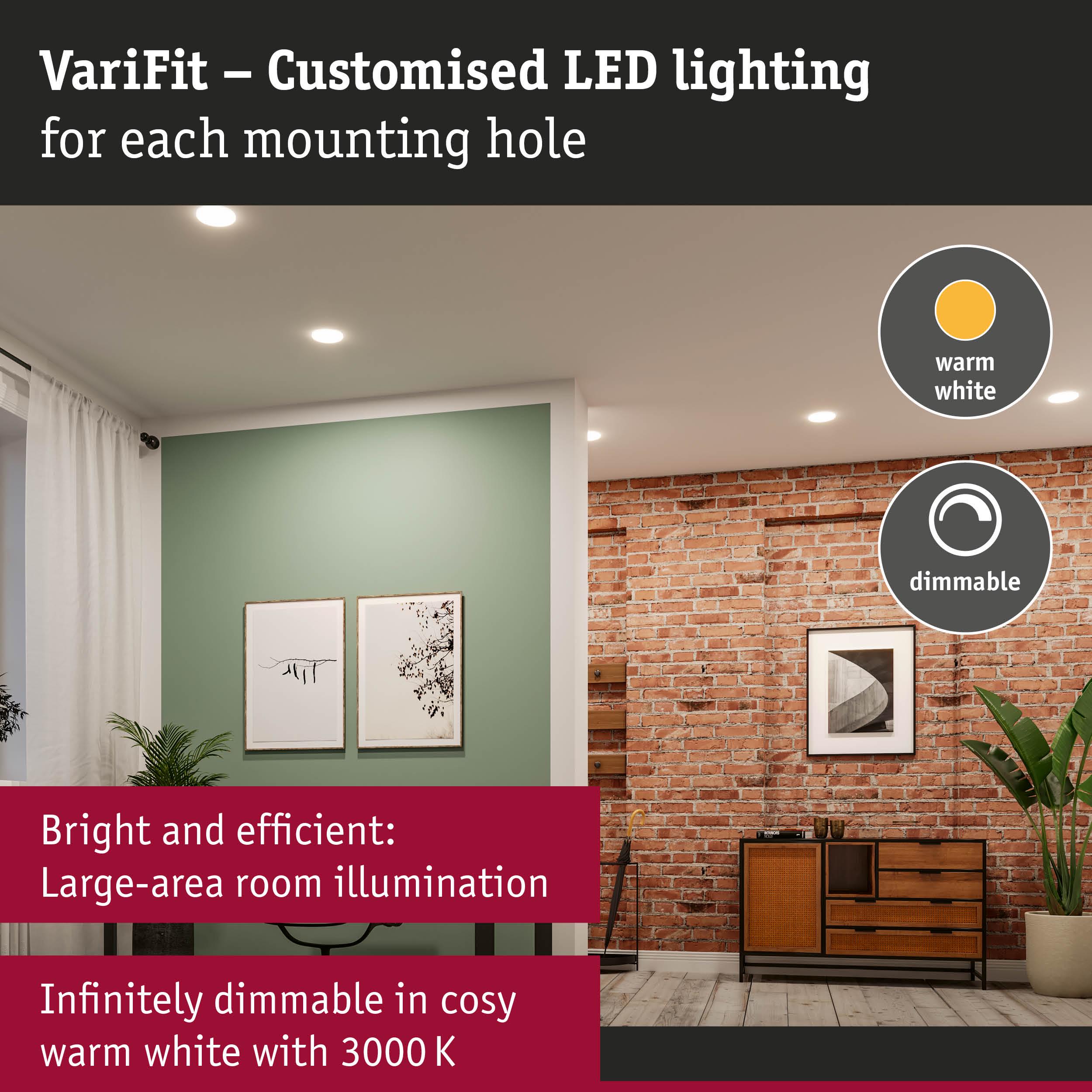 Living room with dimmable warm white LED ceiling lights for bright large-area room illumination