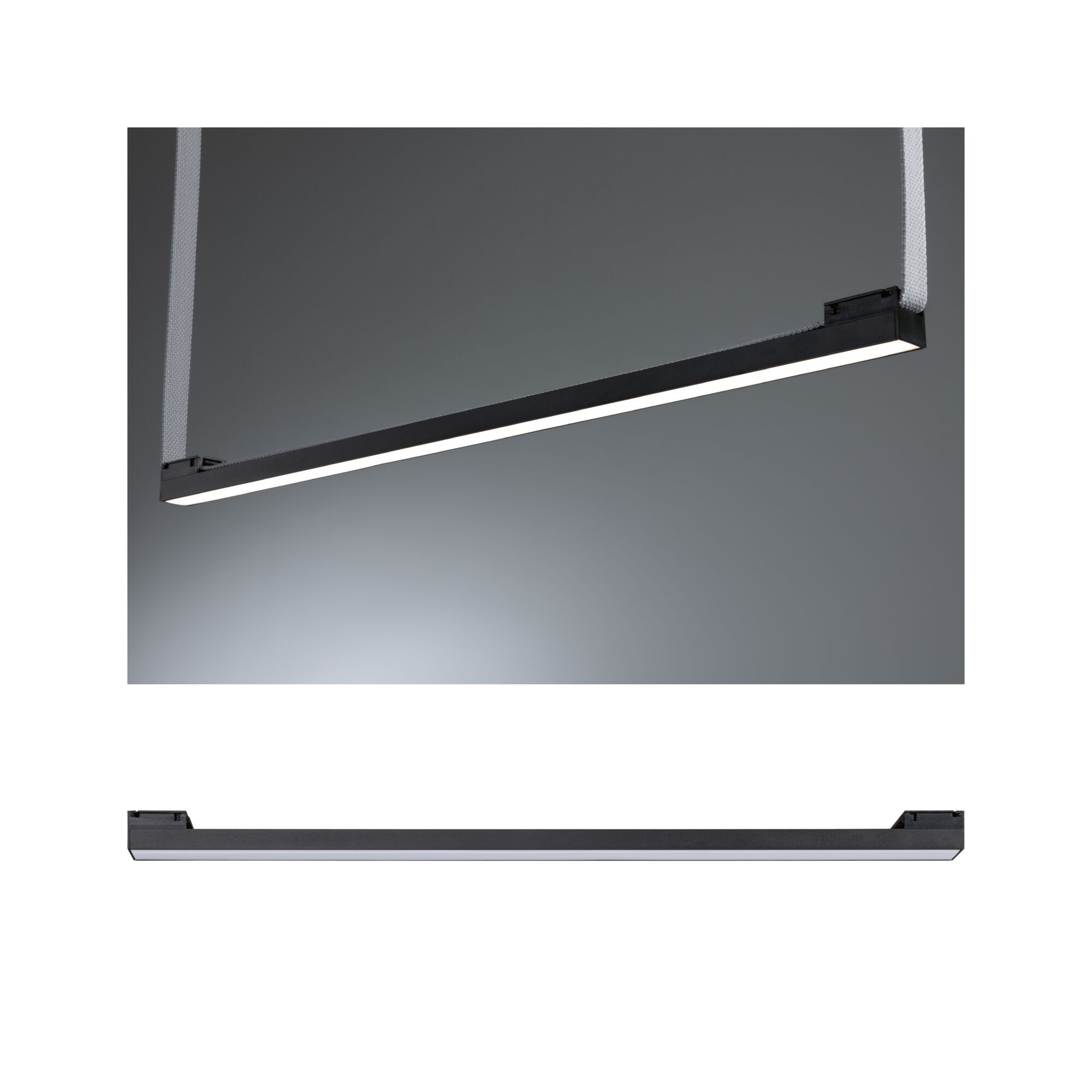 Schwarze LED-Pendelleuchte aus Metall mit weißem Lichtband für moderne Innenbeleuchtung