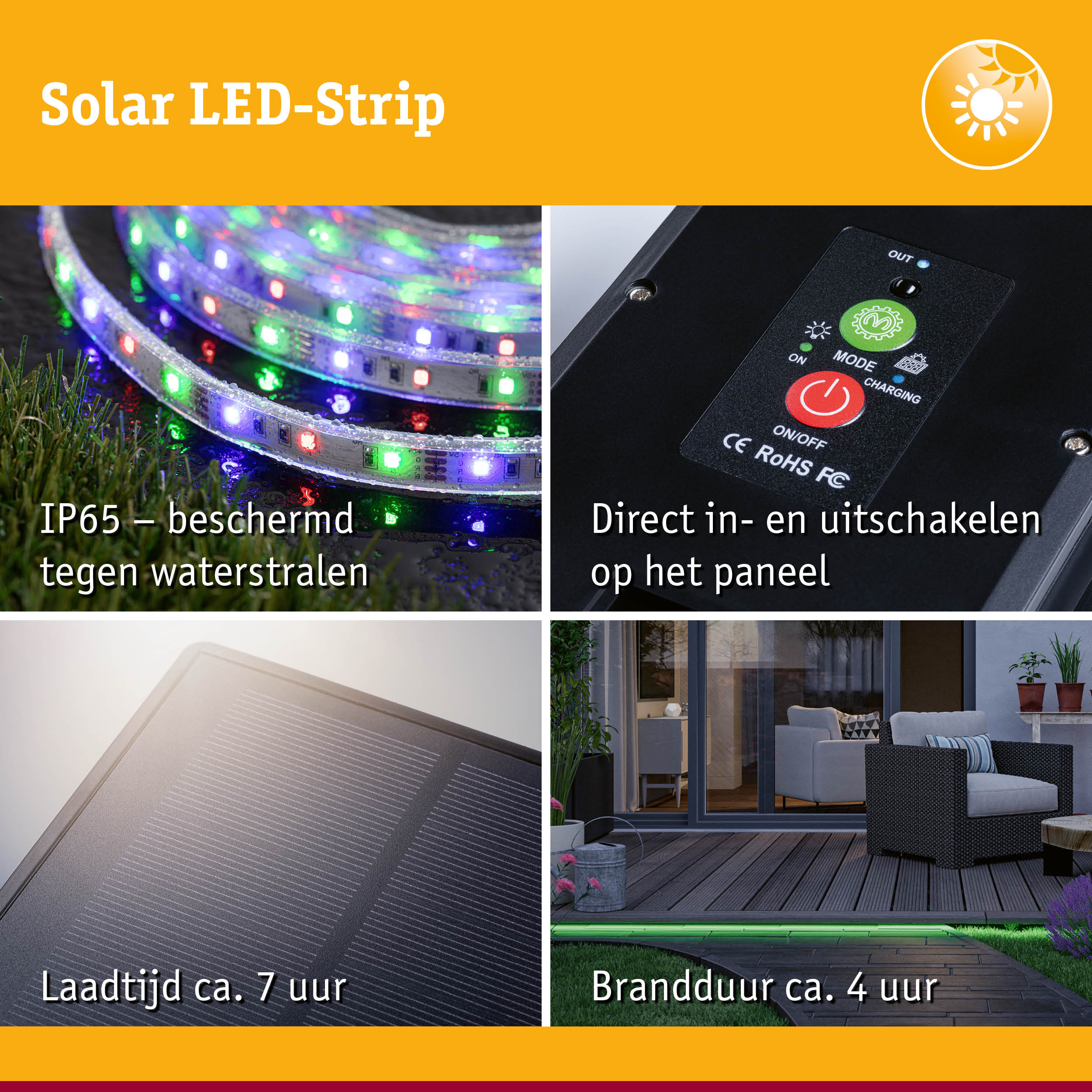 Solar LED-strip met IP65 waterdichtheid, bedieningspaneel en zonnepaneel voor buitenverlichting