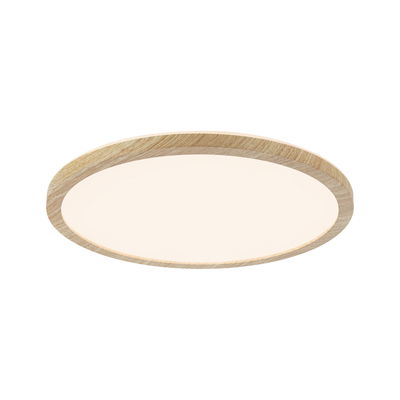 Round ceiling light with light oak wood frame and warm white LED light for living spaces