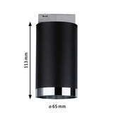 Black cylindrical LED ceiling light with chrome edge, 113 mm height, 65 mm diameter, modern indoor lighting