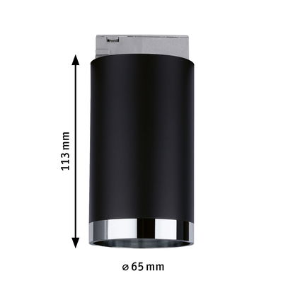Plafonnier LED cylindrique noir avec bord chromé, hauteur 113 mm, diamètre 65 mm, éclairage intérieur moderne
