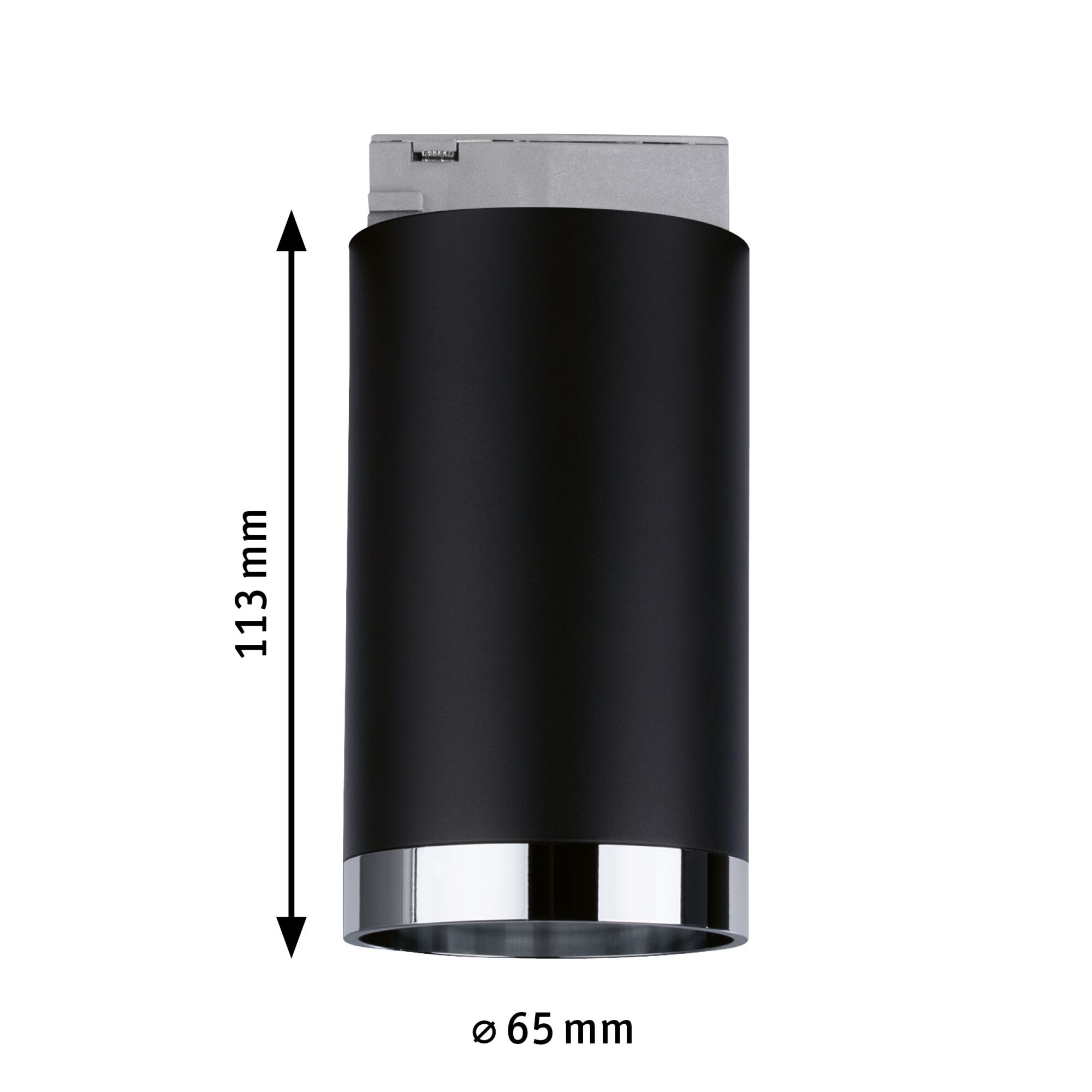 Black cylindrical LED ceiling light with chrome edge, 113 mm height, 65 mm diameter, modern indoor lighting