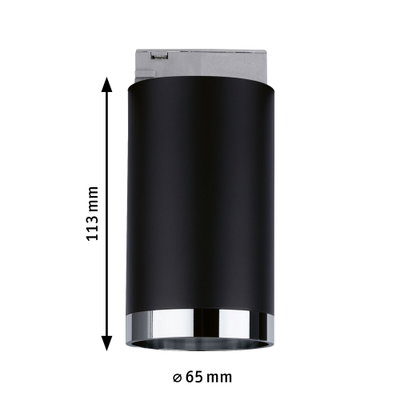 Sort cylindrisk LED-loftlampe med kromkant, 113 mm høj, 65 mm i diameter, moderne indendørs belysning