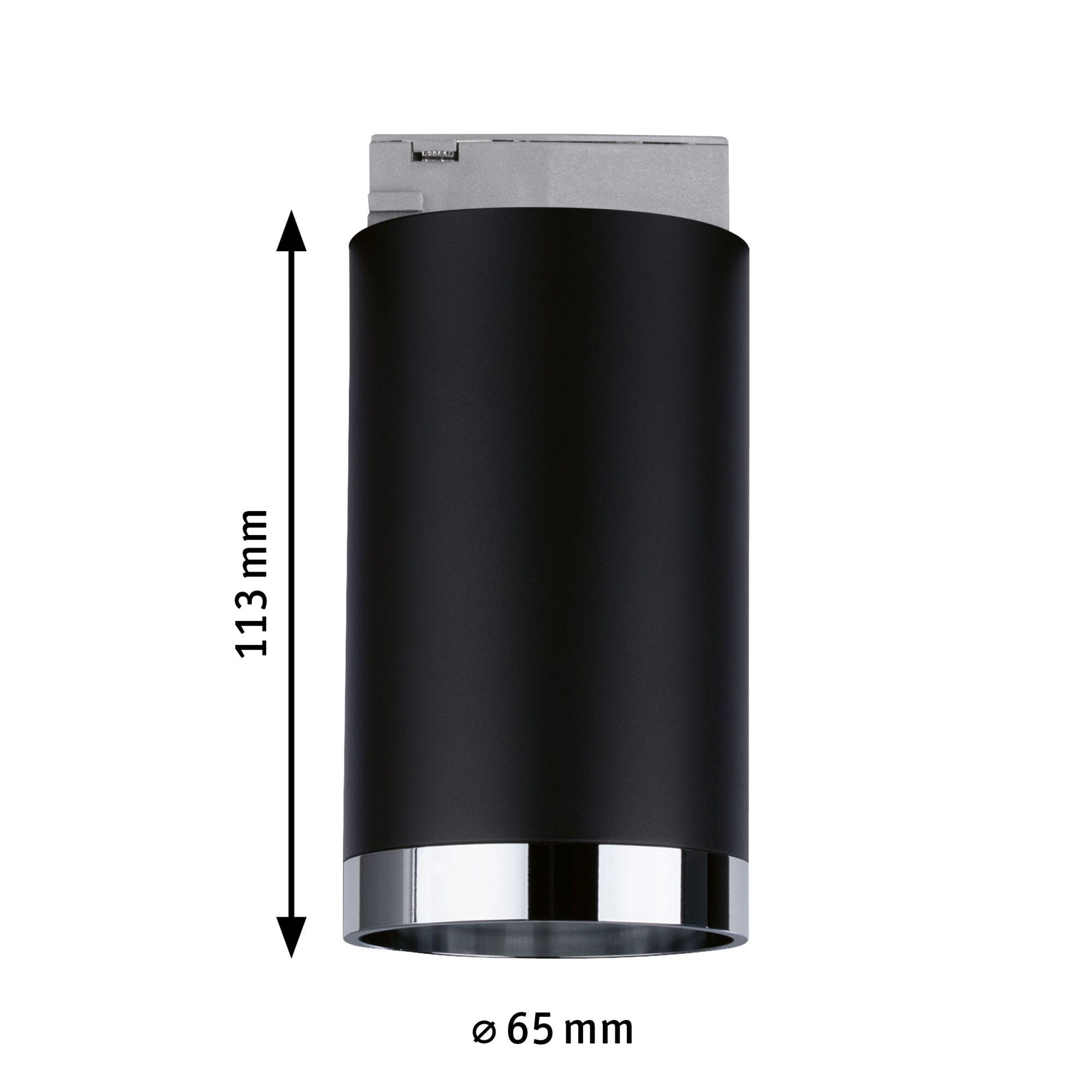 Black LED ceiling light with chrome ring, 113 mm height and 65 mm diameter, modern indoor lighting fixture