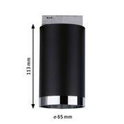 Black LED ceiling light with chrome ring, 113 mm height and 65 mm diameter, modern indoor lighting fixture