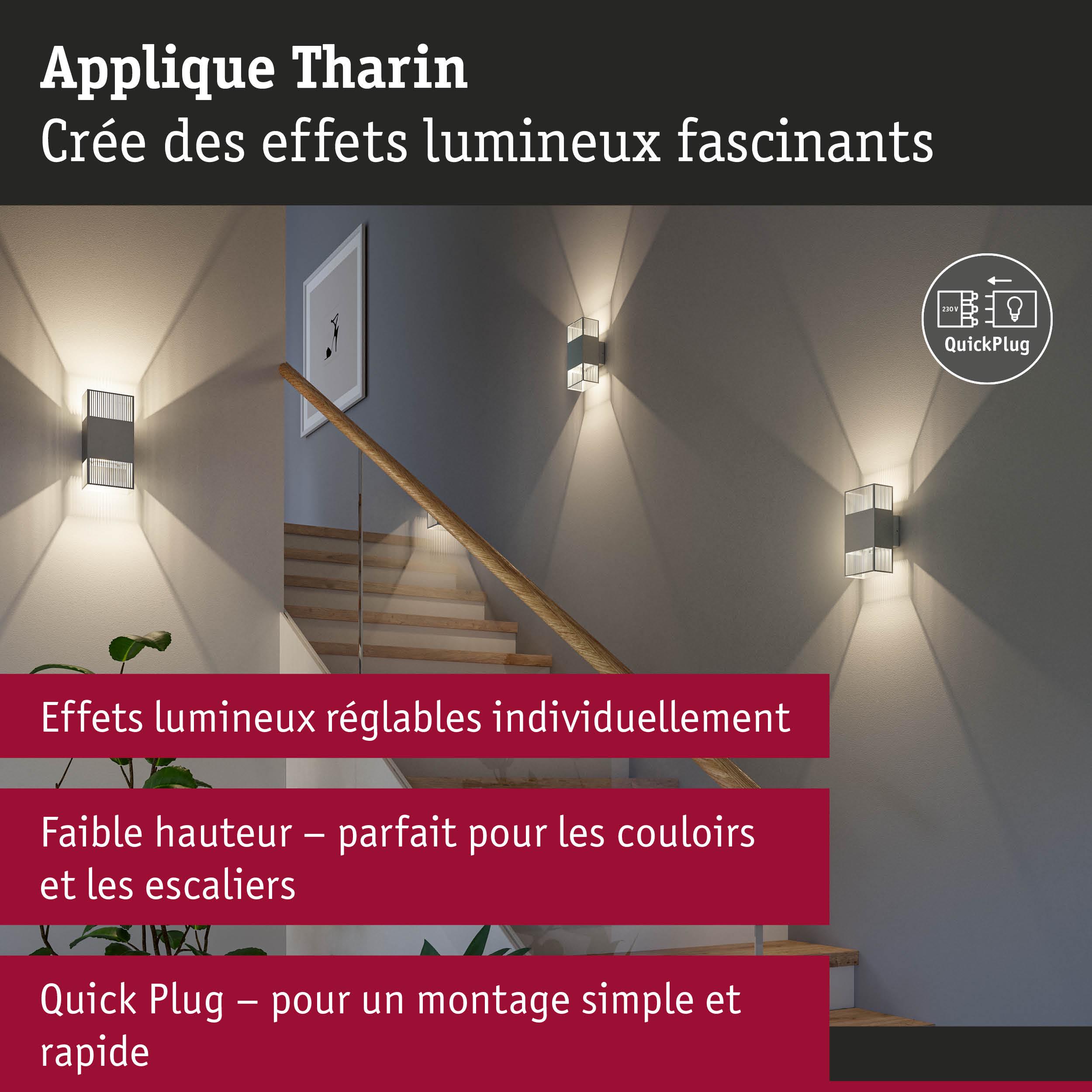 Applique murale grise Tharin avec effets lumineux réglables, idéale pour escaliers et couloirs