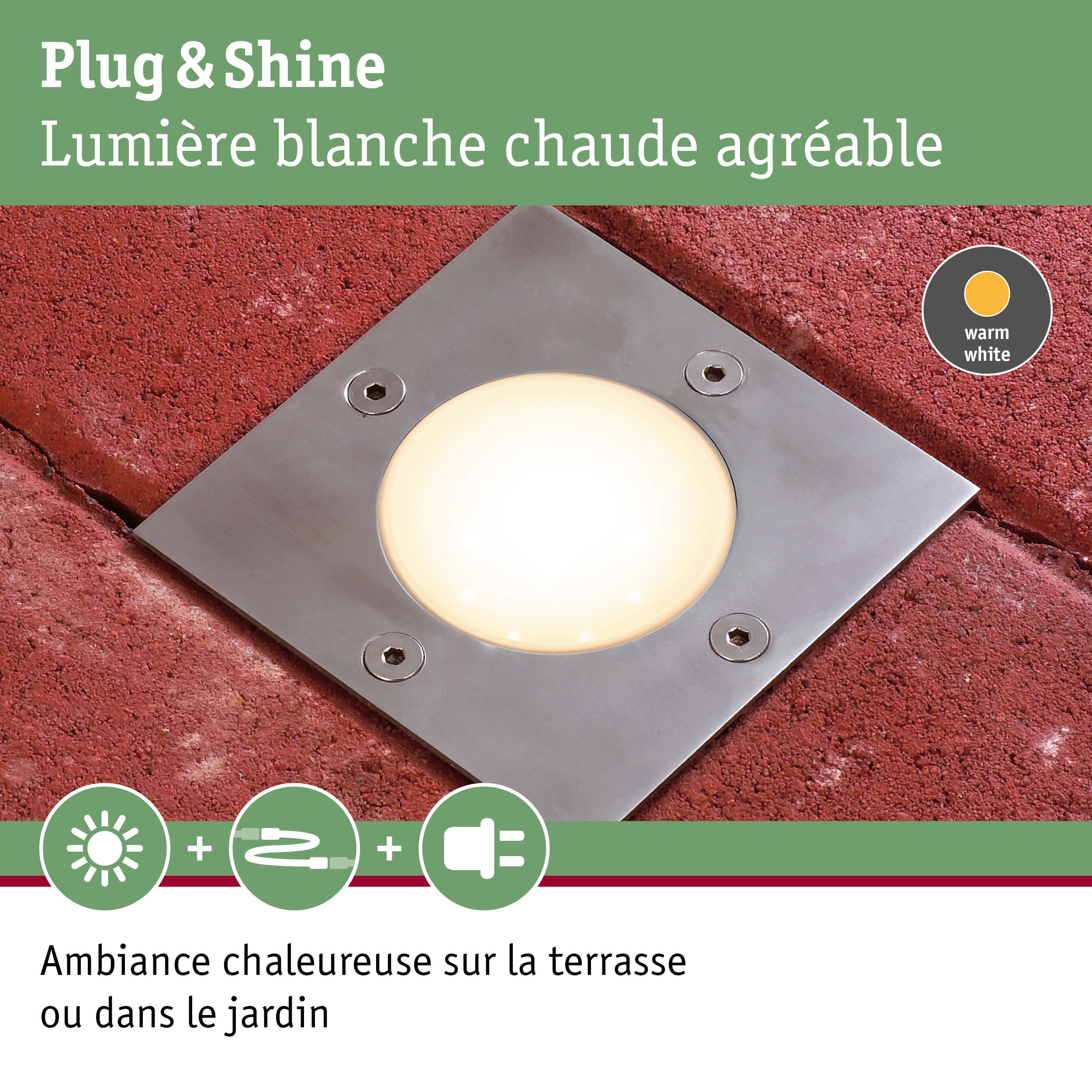 Spot encastré en acier inoxydable avec lumière blanc chaud pour terrasse et jardin