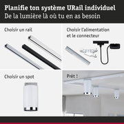 Système de rail URail modulaire avec rails blancs et noirs, connecteurs et spots LED pour éclairage flexible